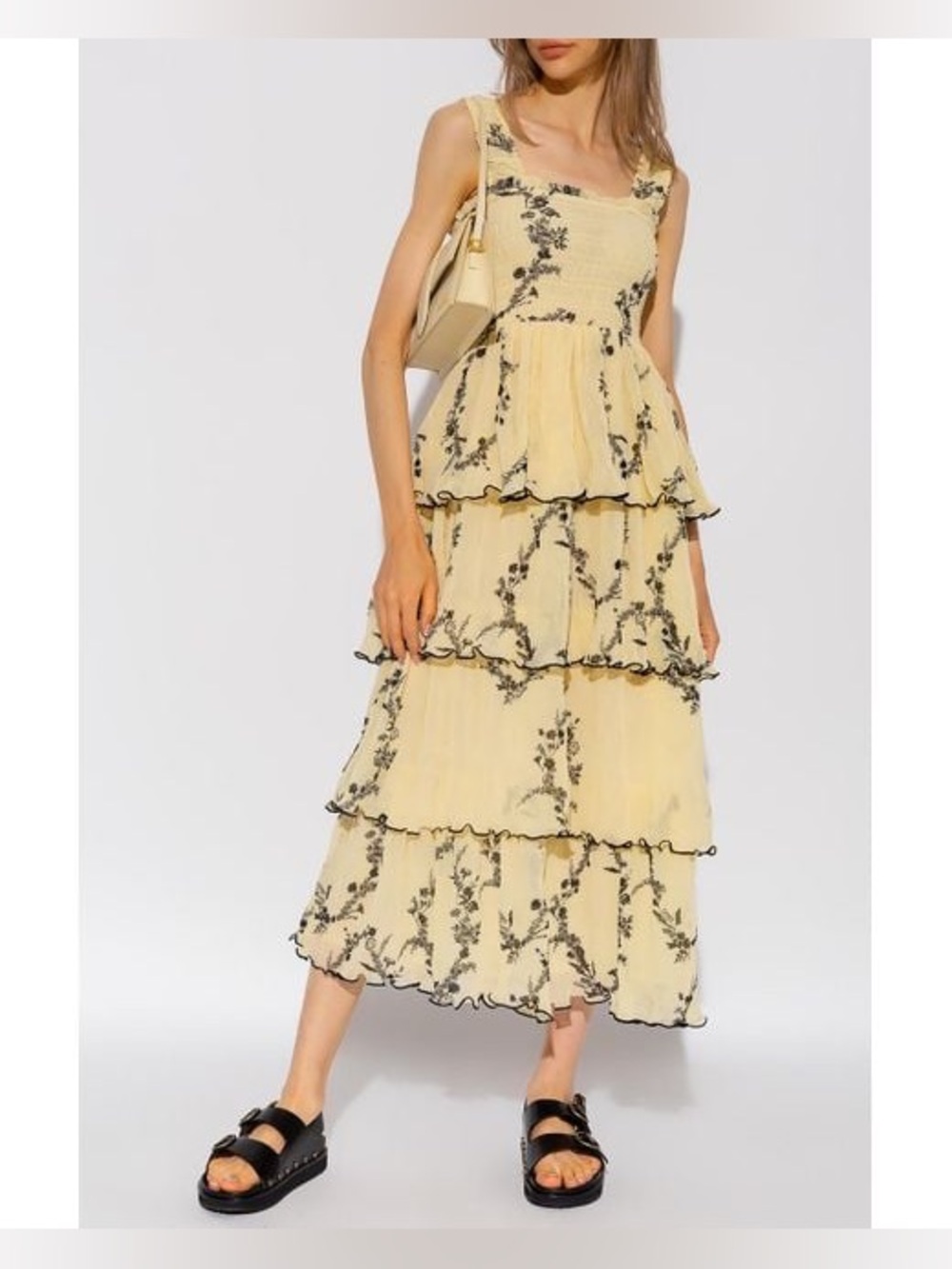 GANNI Pleated Georgette Flounce Smocked Midi Dress size 36 US 4